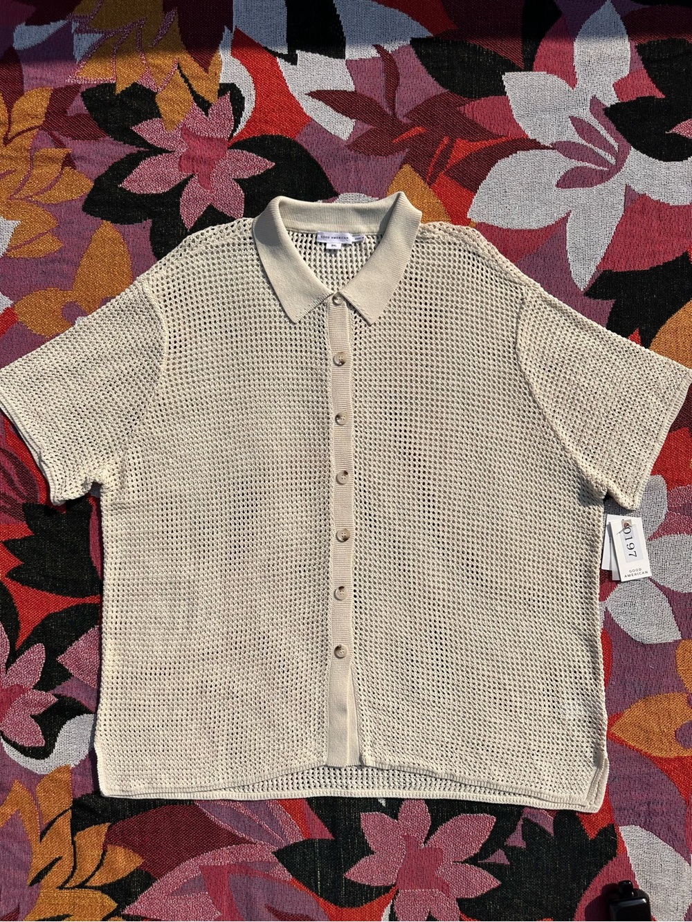 Good American Crochet Cream Open-Knit Button Short Sleeve Shirt NWT - Picture 2 of 8